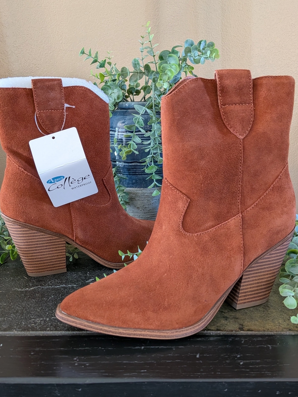 NWT! Aqua College Western Suede COGNAC Waterproof Bootie Size 7M